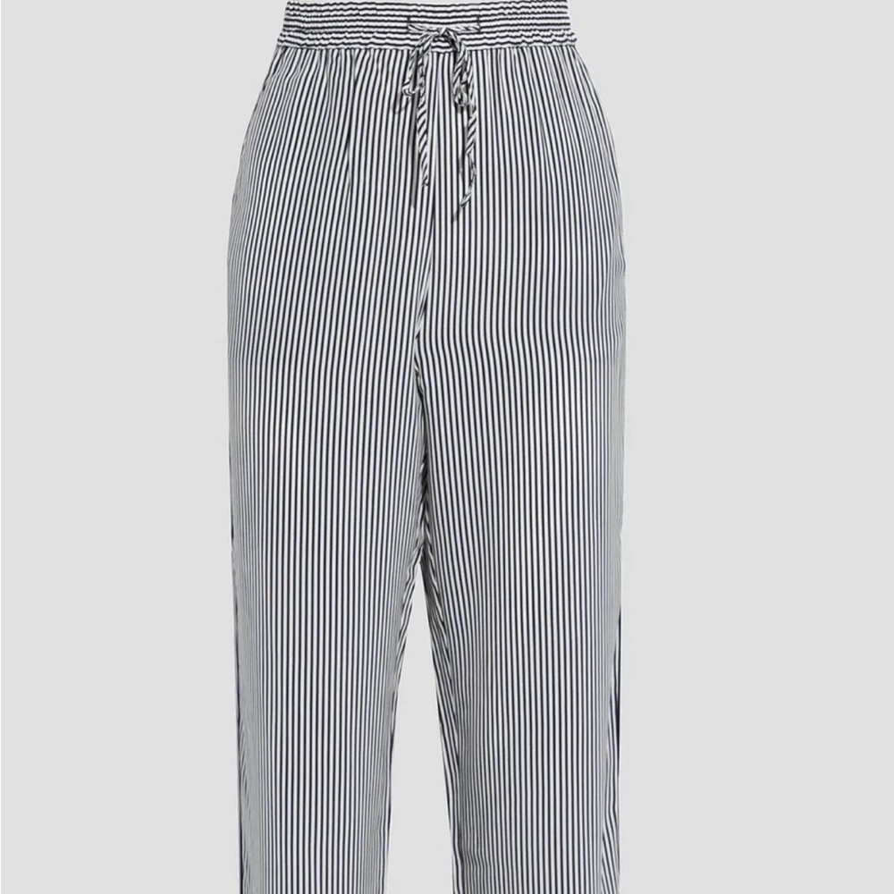 Black and White Pinstripe Relaxed Fit Trousers with Drawstring Waist